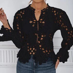 Sexy Hollow Out & Crew Neck Flare Button Up Sleeve Blouse